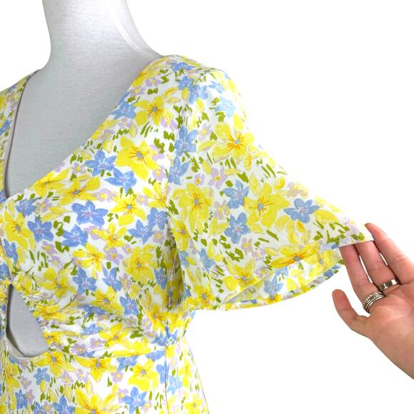 GB Gianni Bini Bright Yellow Floral Keyhole Cut Out Mini Fit & Flare Dress - Picture 8 of 13